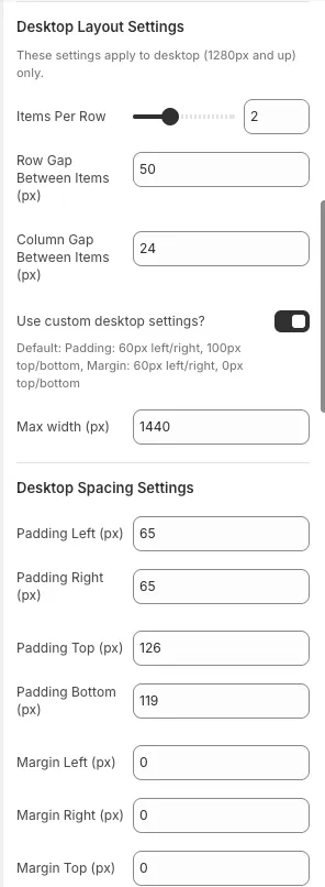 The desktop settings panel for a section: items per row, row and column gap, a custom-settings toggle, max width, and padding and margin fields for each side