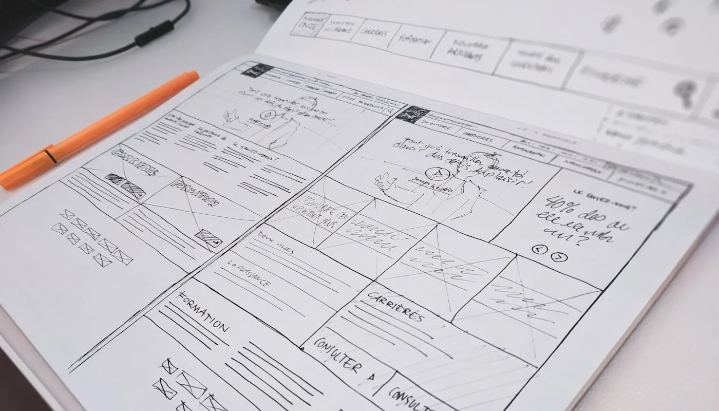 A website layout sketched on paper