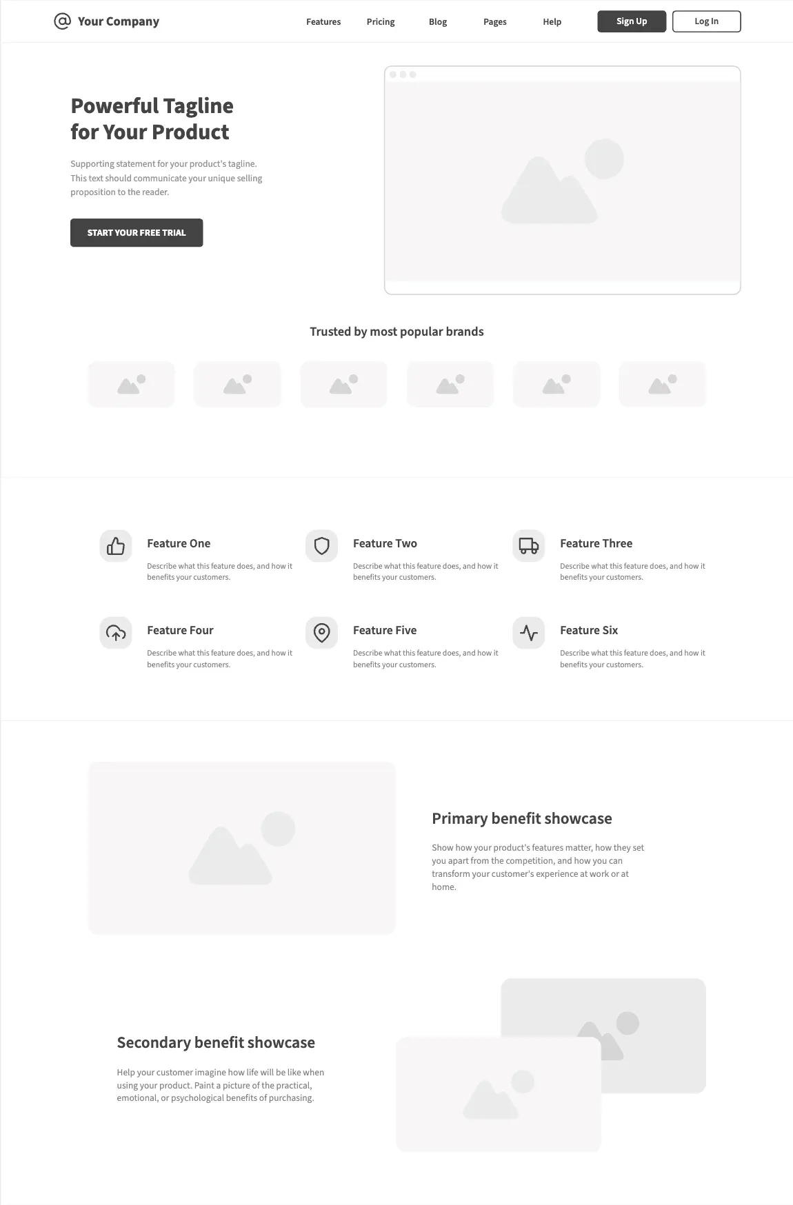 A wireframe landing page stacked from reusable sections: a two-column hero, a six-logo trust strip, a three-column feature grid, and two-column benefit blocks